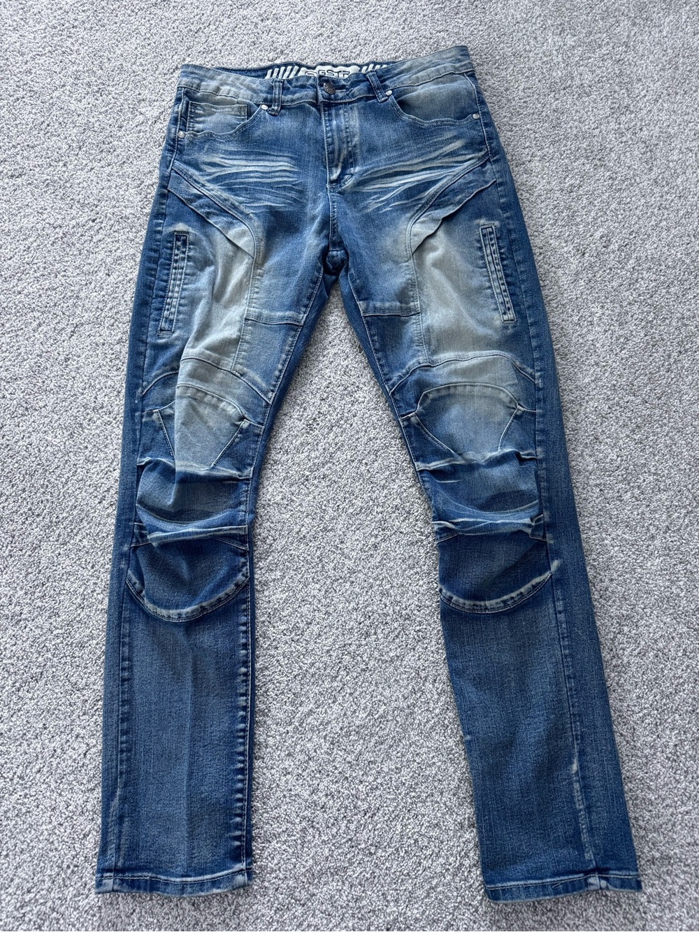 GSTR Men’s Moto Biker Jeans Blue Distressed Paneled Stretch Denim Size M